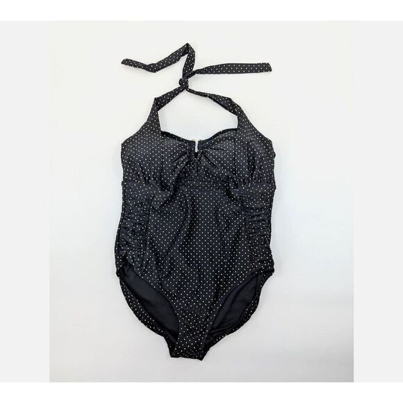 Womens One Piece Swimsuit 16W Black Gold Tone Polka Dot Lace Up Tummy Control - Picture 1 of 16